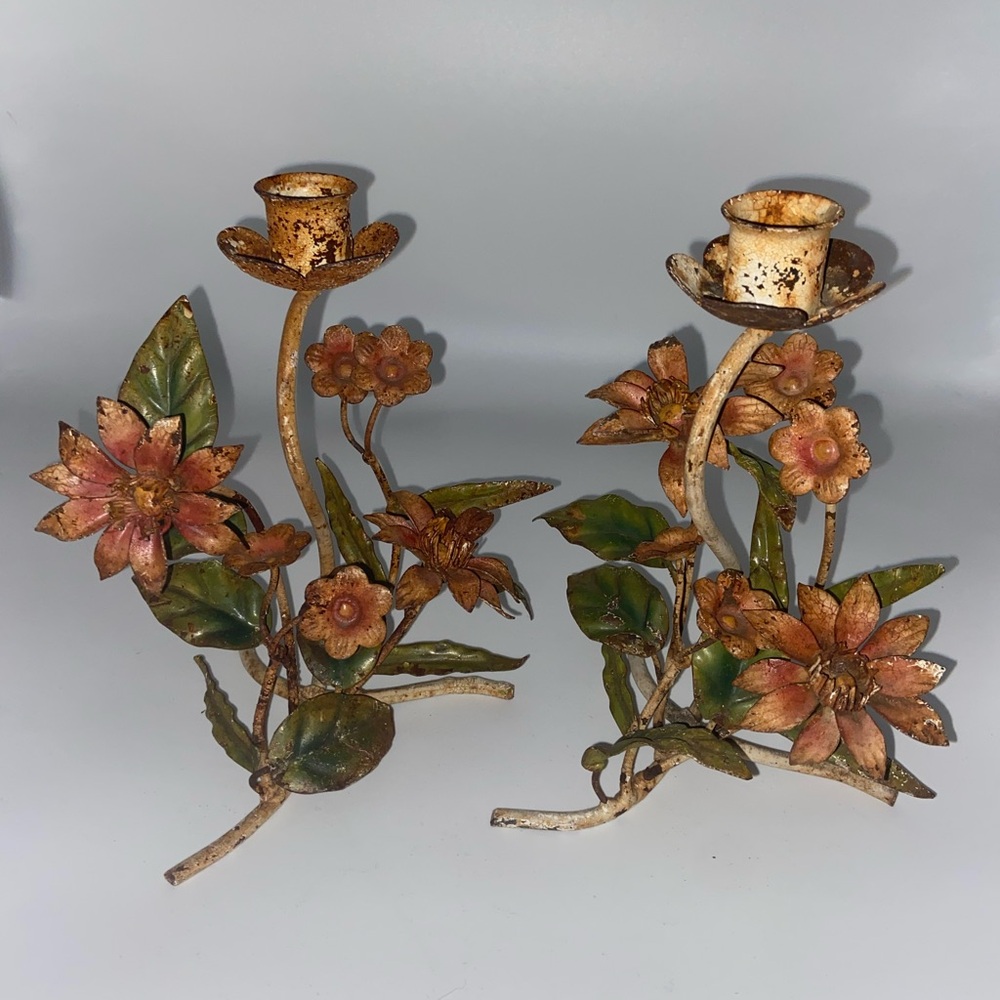 Vintage Tole Patina Floral Candle Holders - Picture 5 of 9